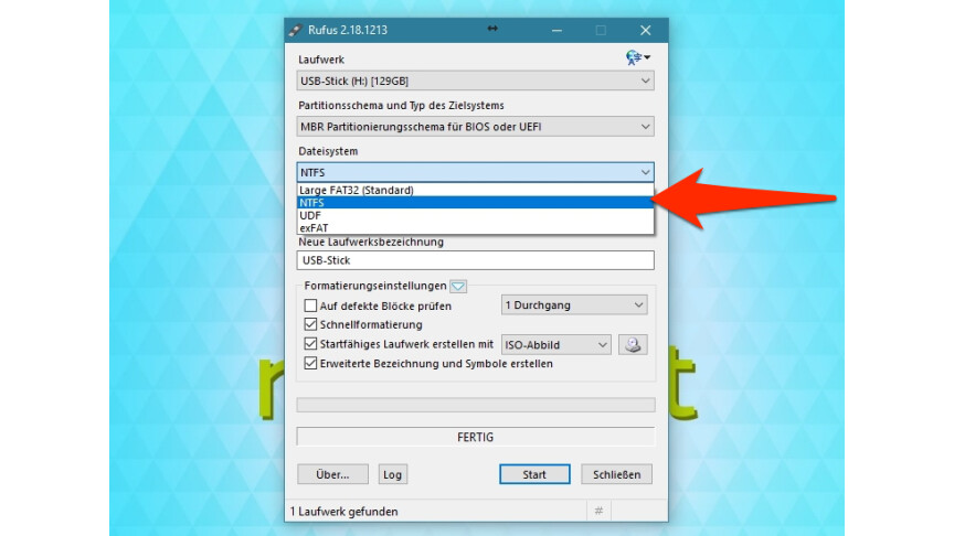 09 Rufus Dateisystem wählen - NTFS