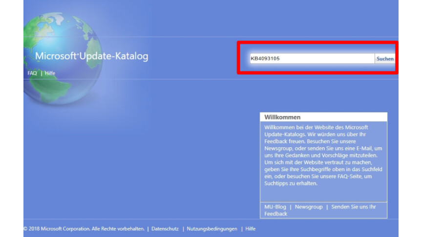 01 Microsoft Update-Katalog - Hauptseite