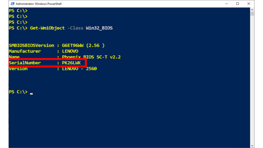 02.2 Windows 10 - PowerShell - Read PC serial number