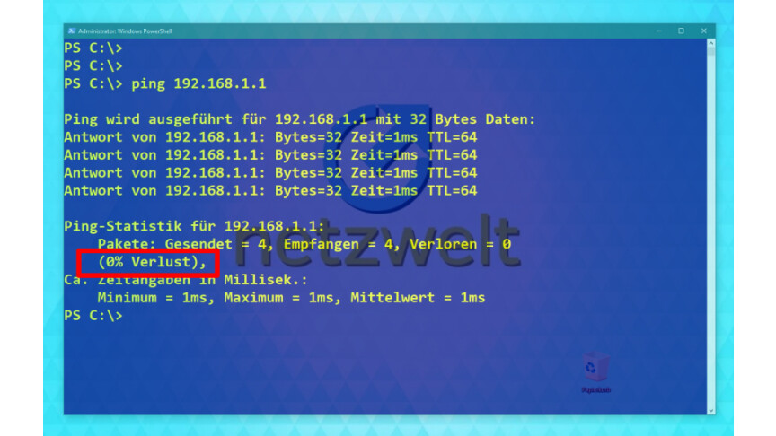 05.5 Windows 10 - Powershell - ipconfig - Standardgateway ping Ergebnis