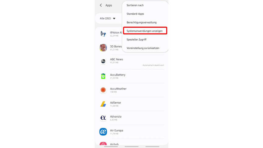 02.3 Android-Einstellungen - Apps - Systemanwendungen anzeigen