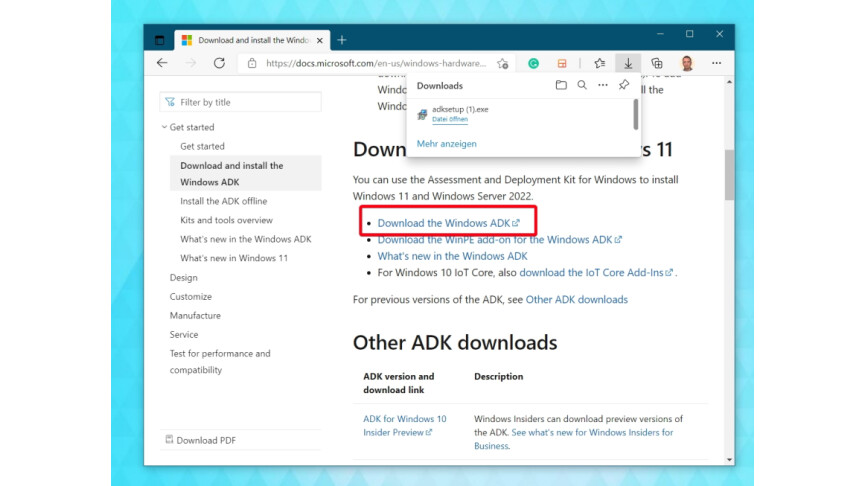 02 Microsoft-Webseite - Windows ADK herunterladen