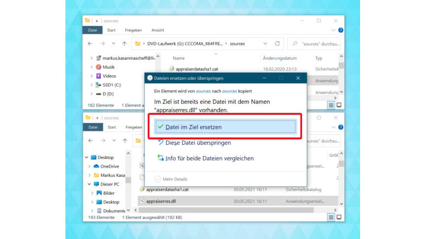 10 Datei-Explorer - appraiserres.dll von Windows 10-DVD in Windows 11-Pfad kopieren und ersetzen
