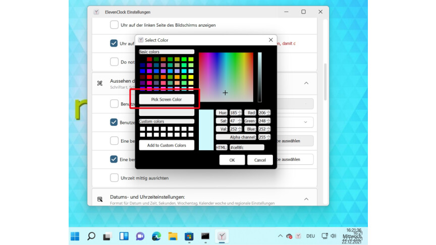 06 Windows 11 - ElevenClock - Einstellungen - Benutzerdefinierte Hintergrundfarbe - Taskleistenfarbe wählen