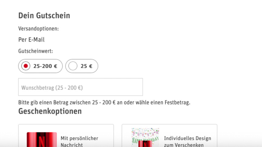 [Bild 2]  En línea, puede elegir libremente el valor de su cupón entre 25 y 200 euros, como se puede ver aquí en la tienda en línea de REWE.