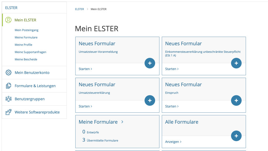 A través del menú principal de MeinElster tiene acceso a numerosos formularios de impuestos. 